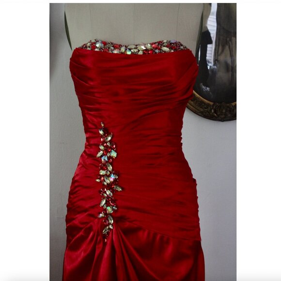 2000's Y2K Tony Bowles Red Satin Rhinestoned High Slit Satin Evening Gown Prom - Picture 2 of 9